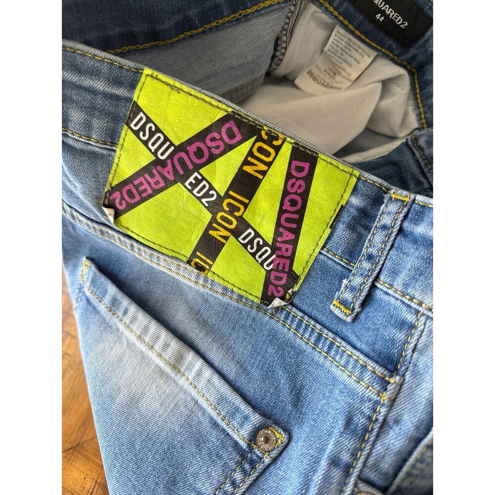 DSQUARED2 Light Blue Distressed Ripped Jeans Neon Green Logo 31x30 Y2K Skinny